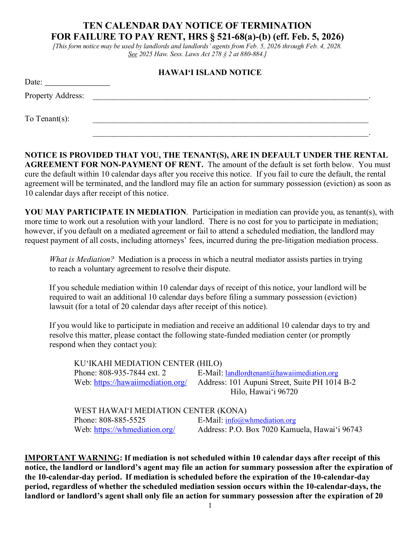 Hawaii 10-Day Notice to Quit Form | Non-Payment of Rent