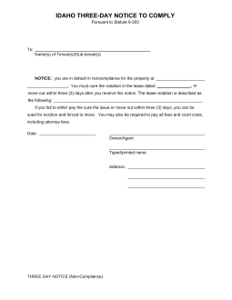 Idaho 3 Day Notice to Quit Form | Non-Compliance