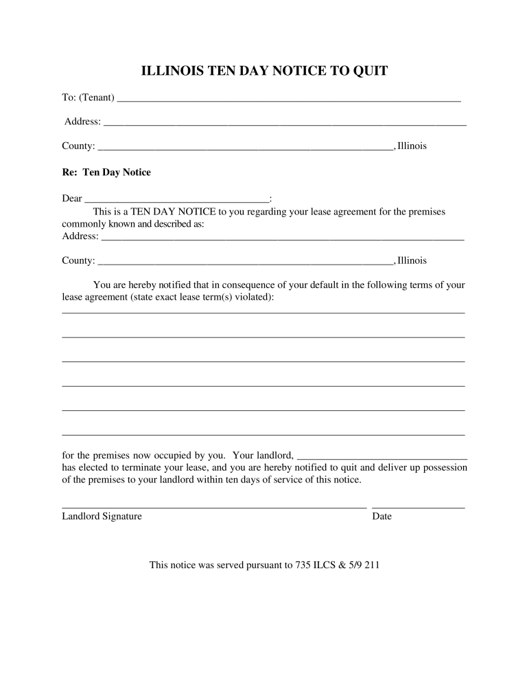 free illinois 10 day notice to quit form non compliance pdf eforms