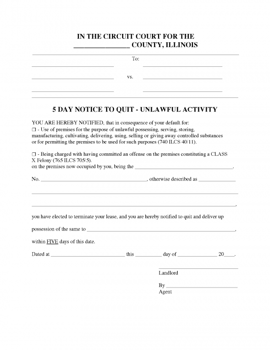 Illinois 5-Day Notice to Quit Form | Unlawful Activity