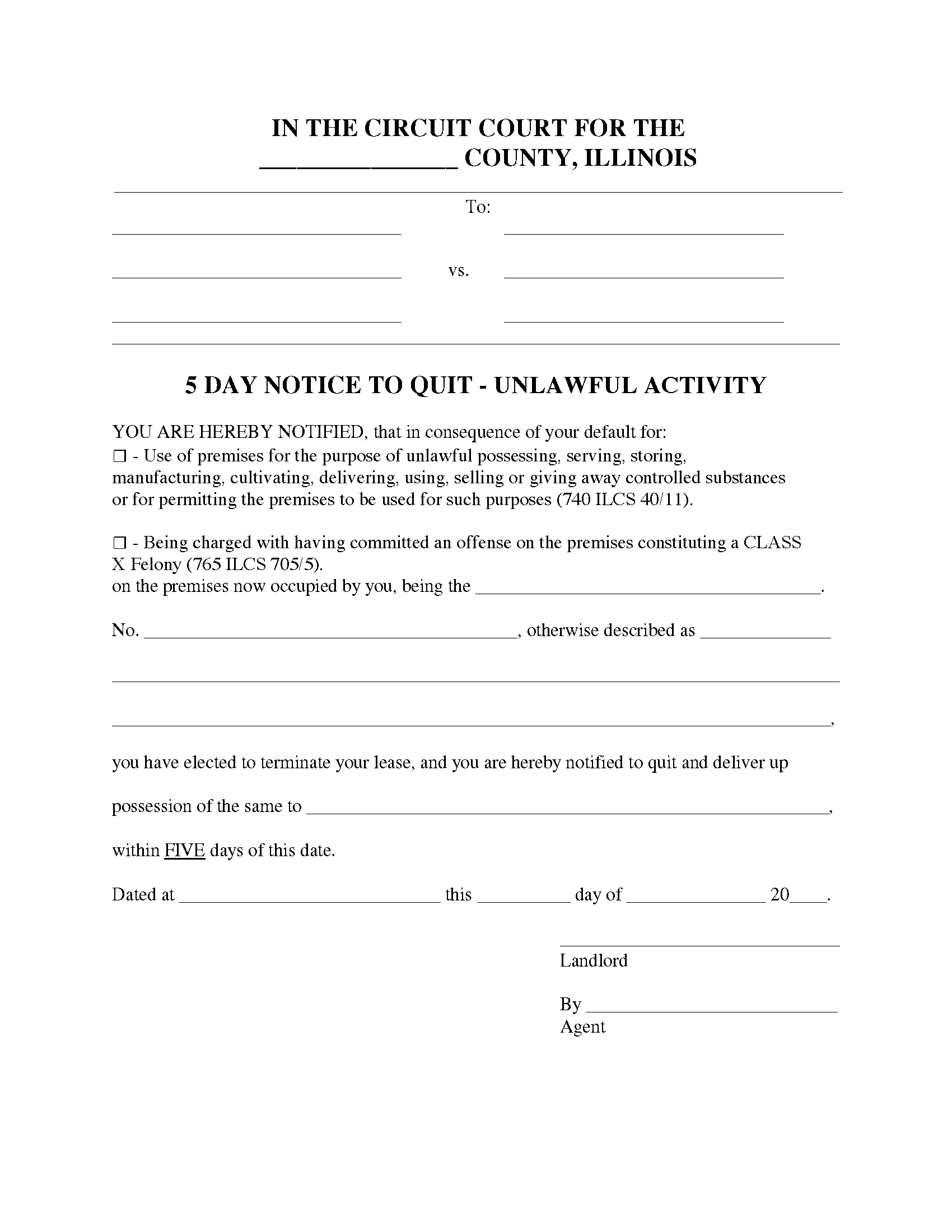 Free Illinois 5 Day Notice To Quit Form Unlawful Activity PDF EForms