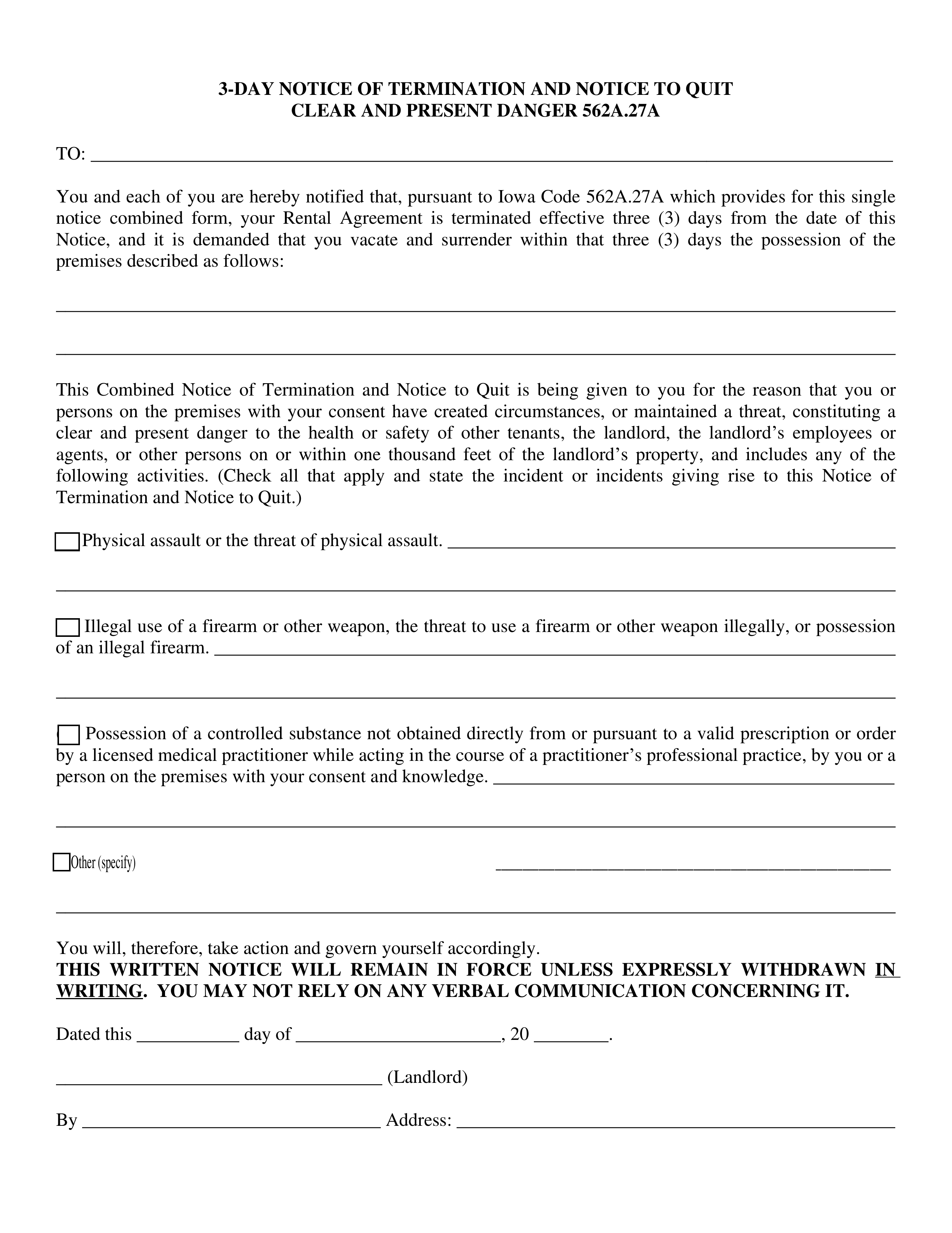 Iowa 3-Day Notice to Quit Form | Danger or Abuse