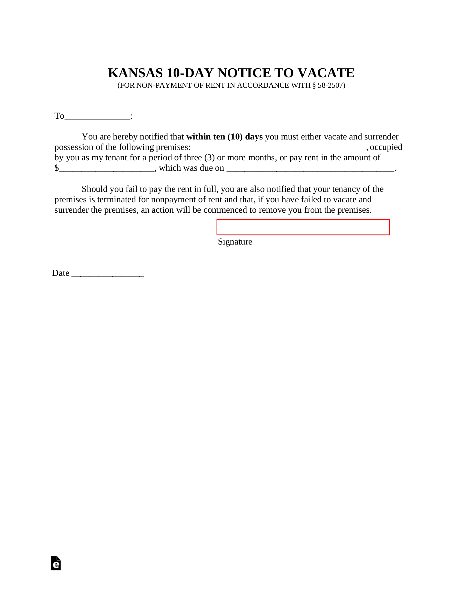 Kansas 10-Day Notice to Quit Form | Non-Payment