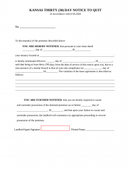 Kansas 30-Day Notice to Quit Form | 2nd Non-Compliance