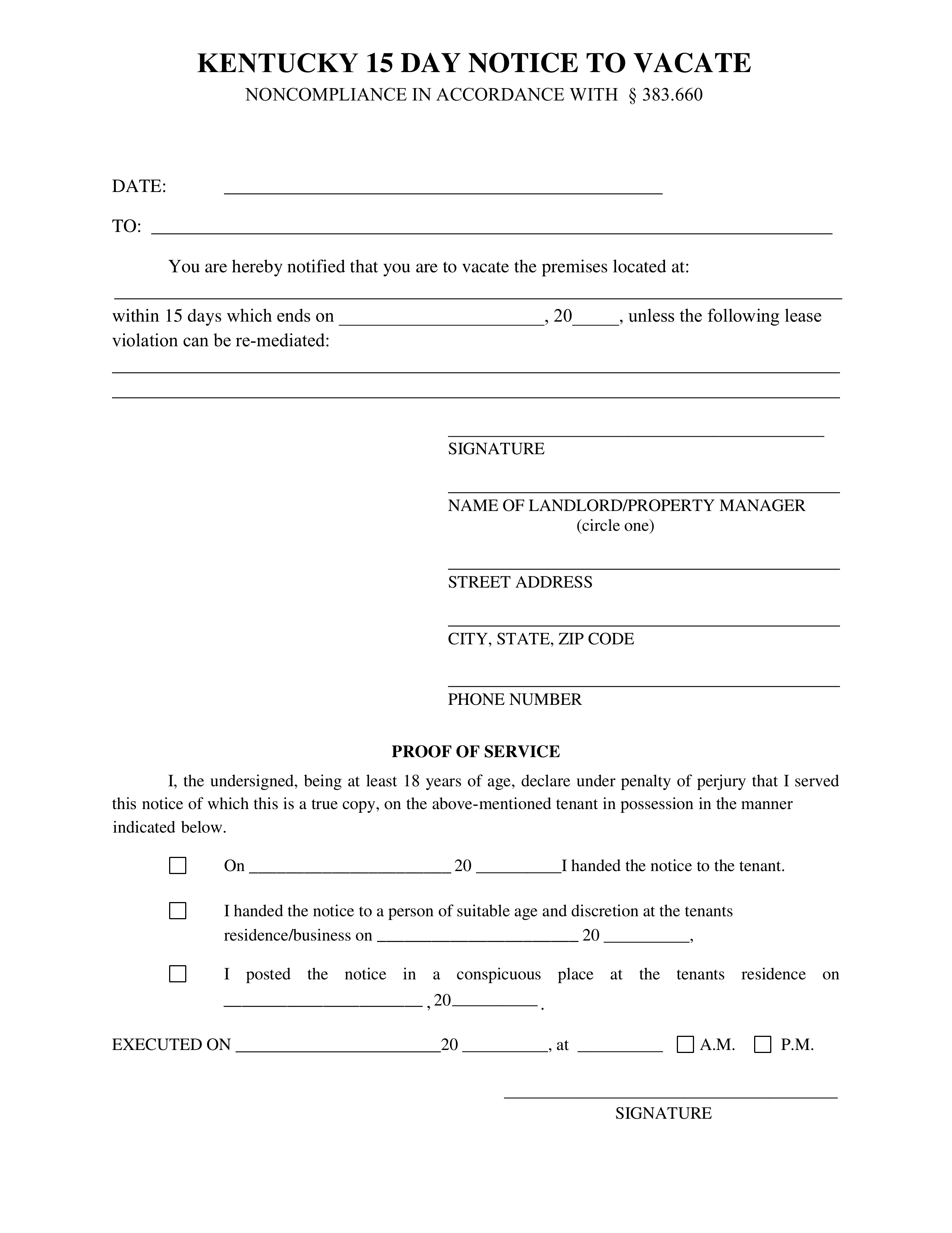 Free Kentucky 15Day Notice to Quit Form PDF eForms