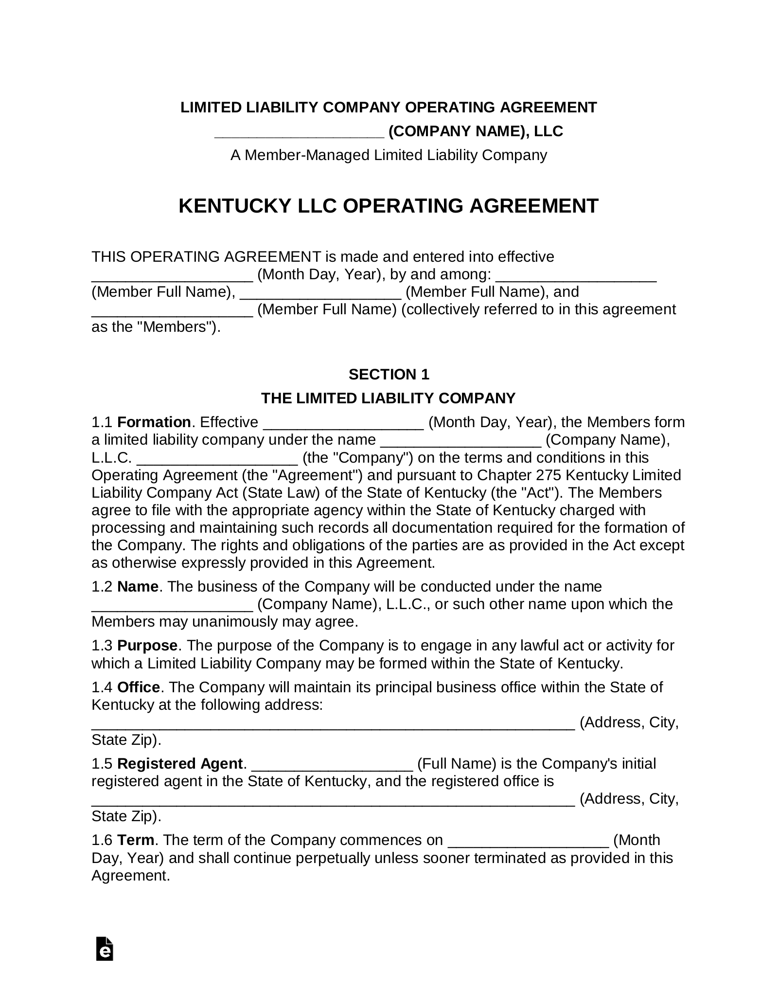 Kentucky Multi-Member LLC Operating Agreement Form