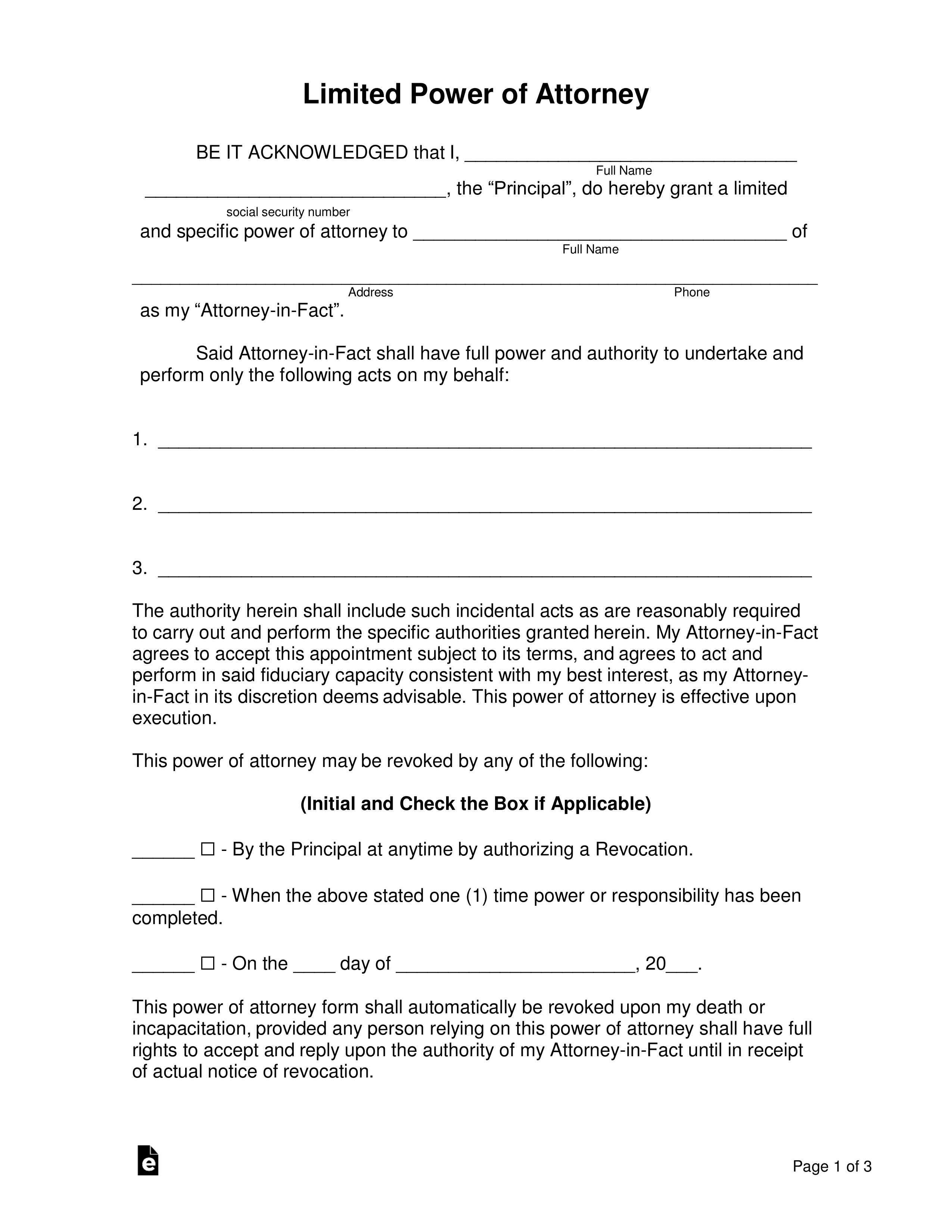 Free Limited (Special) Power of Attorney Form PDF Word