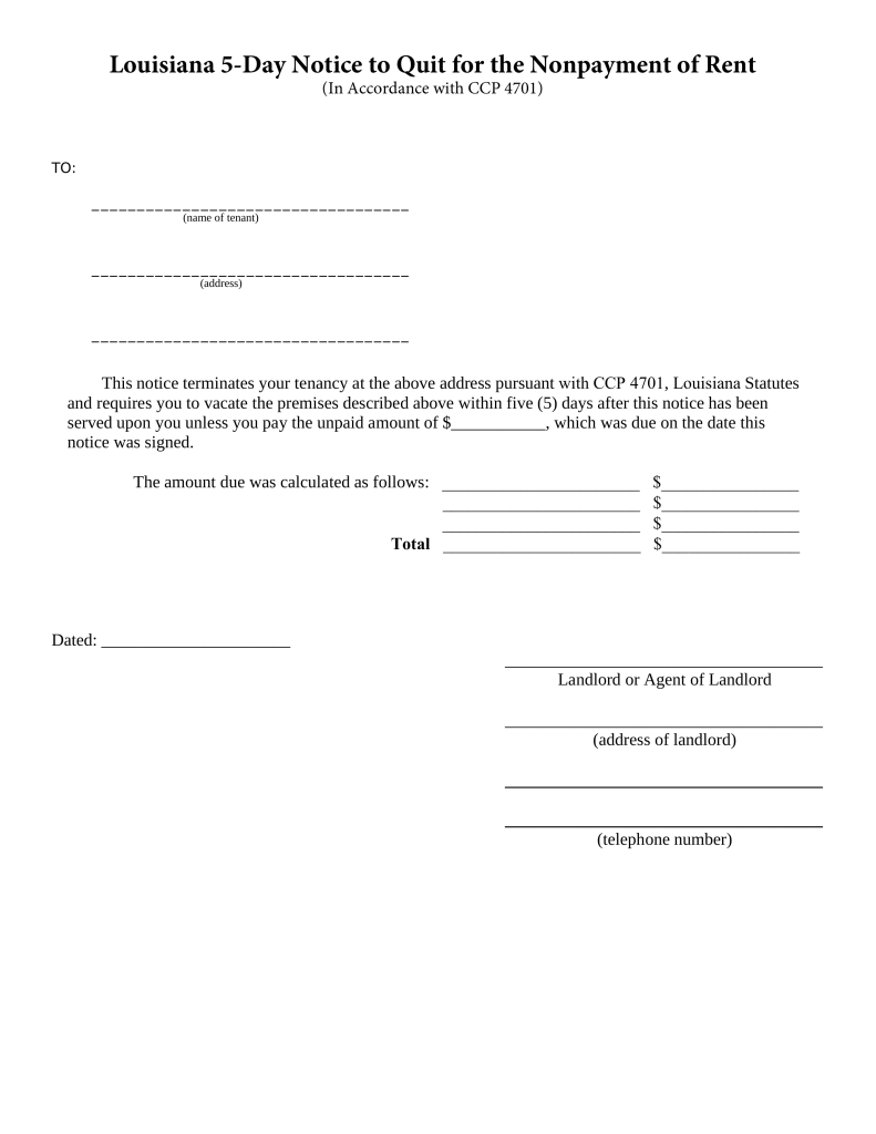 non letter payment rent Louisiana 5 Day  Payment Non  Quit of Notice to Rent Form