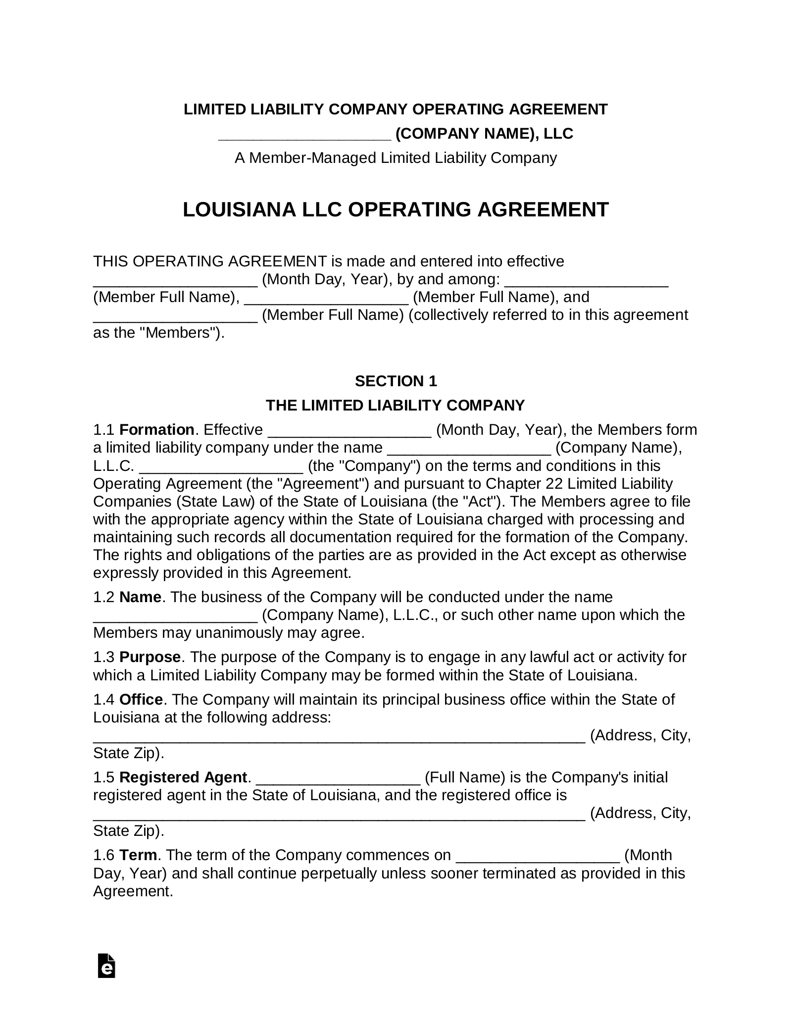 Louisiana Multi-Member LLC Operating Agreement Form