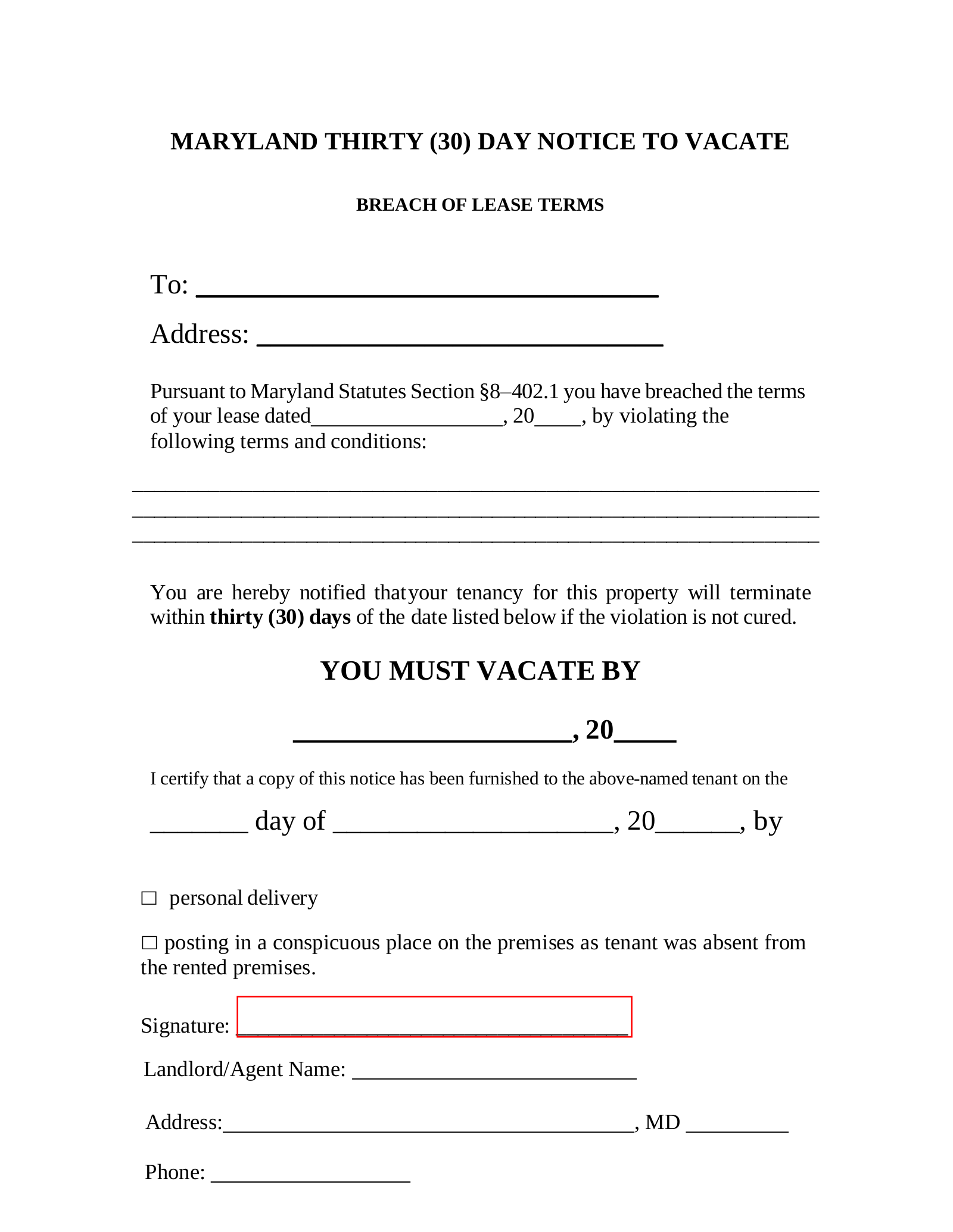 Maryland 30-Day Notice to Quit Form | Non-Compliance