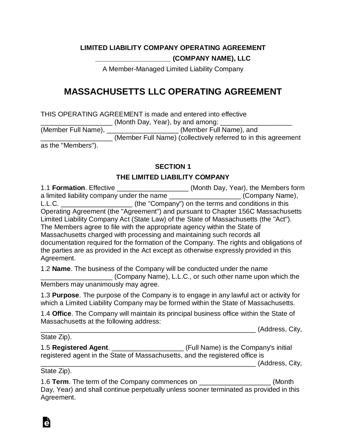 Free Massachusetts Multi Member Llc Operating Agreement Pdf Word Eforms