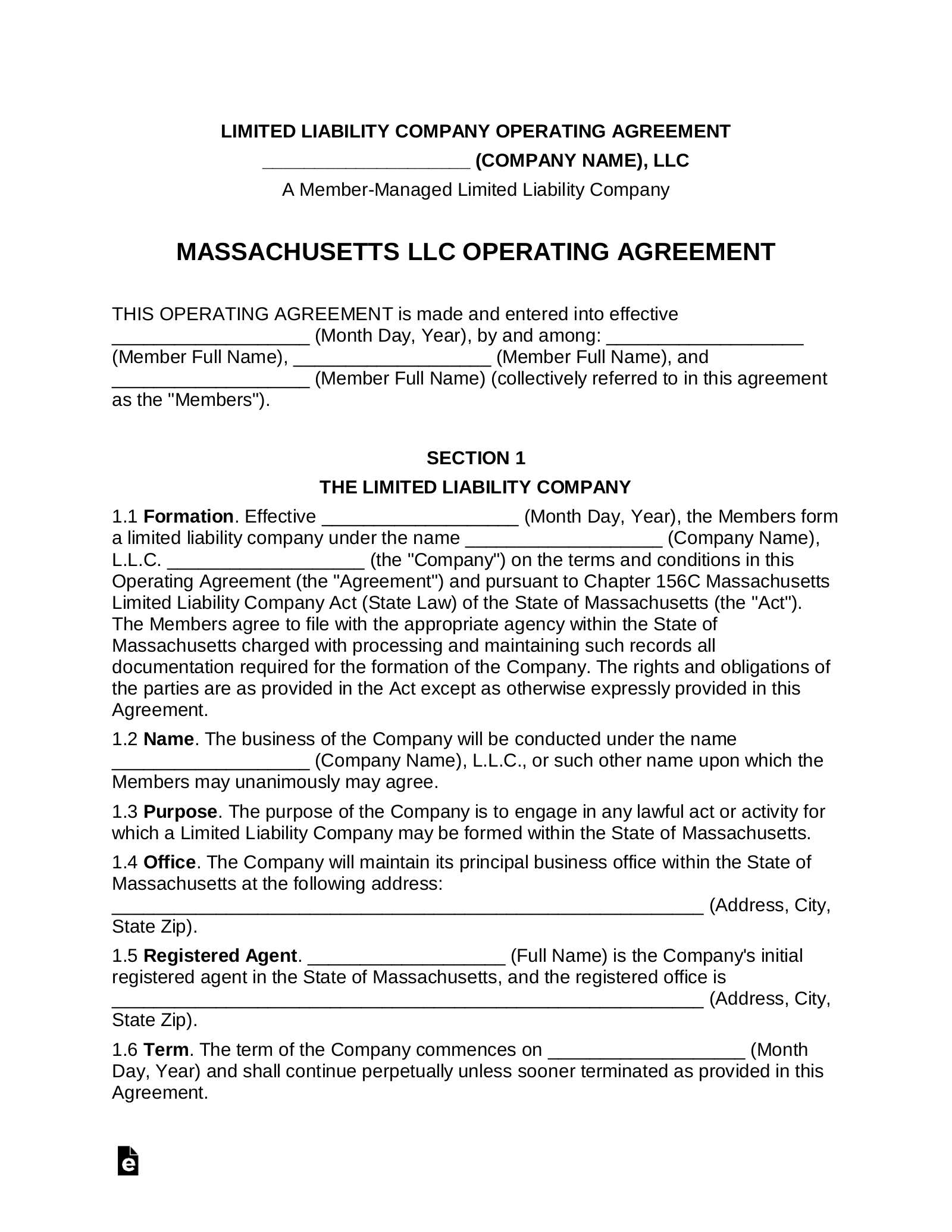 Massachusetts Multi-Member LLC Operating Agreement Form