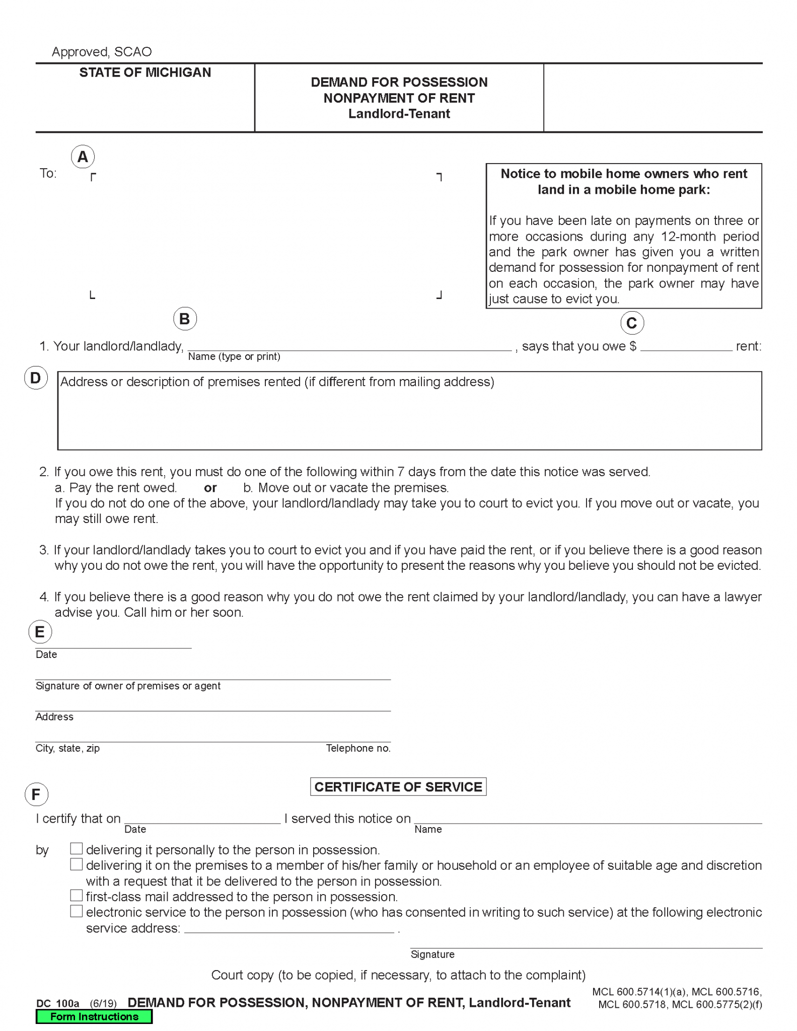 Free Michigan Eviction Notice Forms 4 Pdf Word Eforms 4671