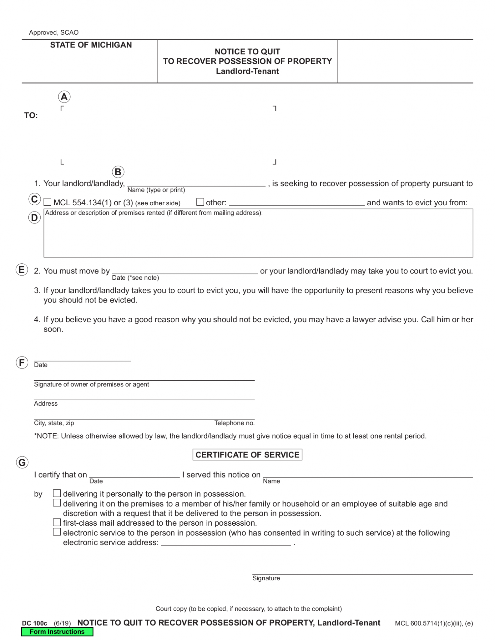 Free Michigan Eviction Notice Forms 4 Pdf Word Eforms 5213