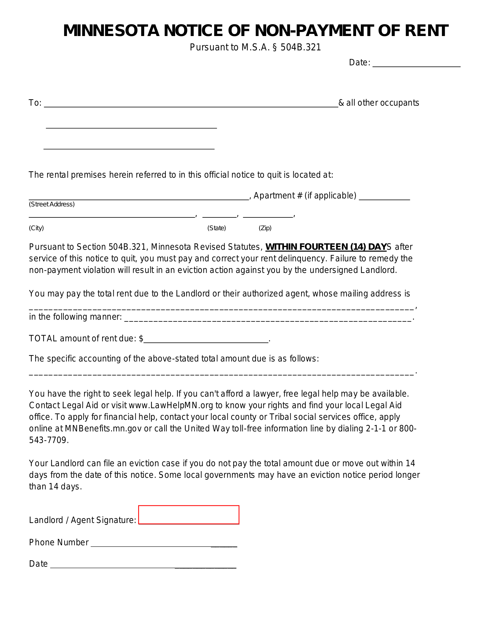 Minnesota 14-Day Notice to Quit Form | Non-Payment of Rent