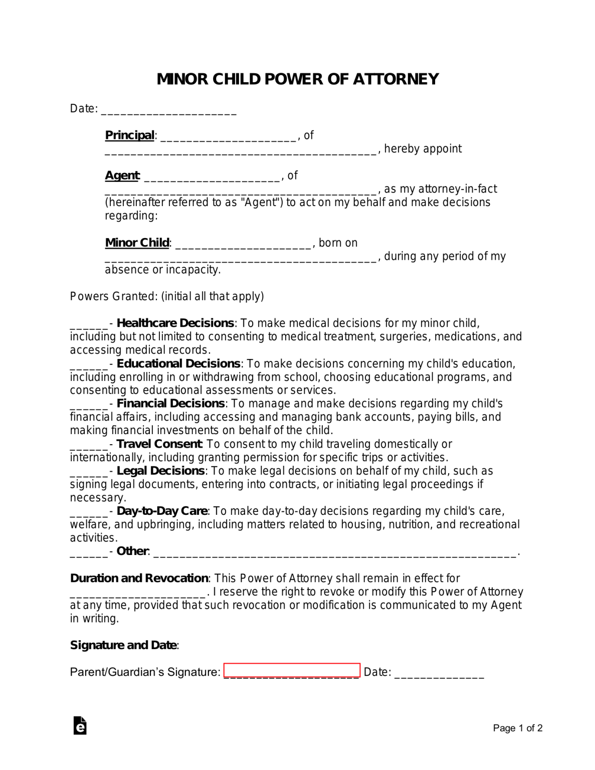 Free Minor (Child) Power of Attorney Form - PDF | Word – eForms