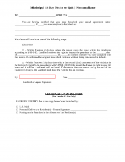 Mississippi 14 Day Notice to Quit Form | Non-Compliance