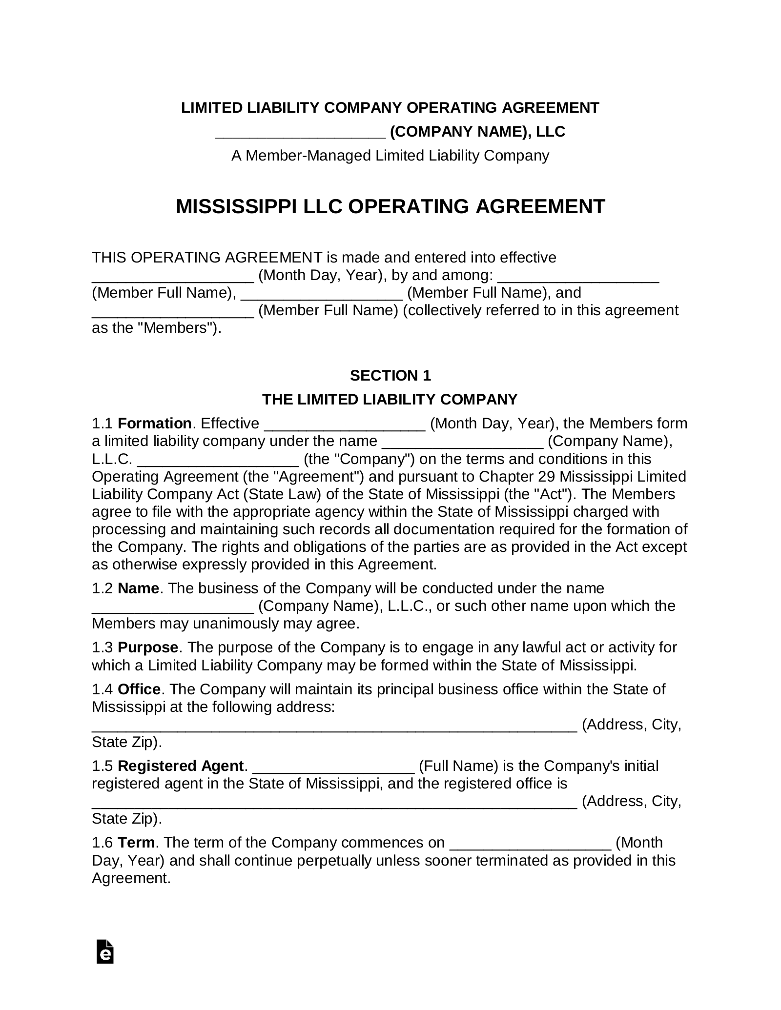 Mississippi Multi-Member LLC Operating Agreement Form