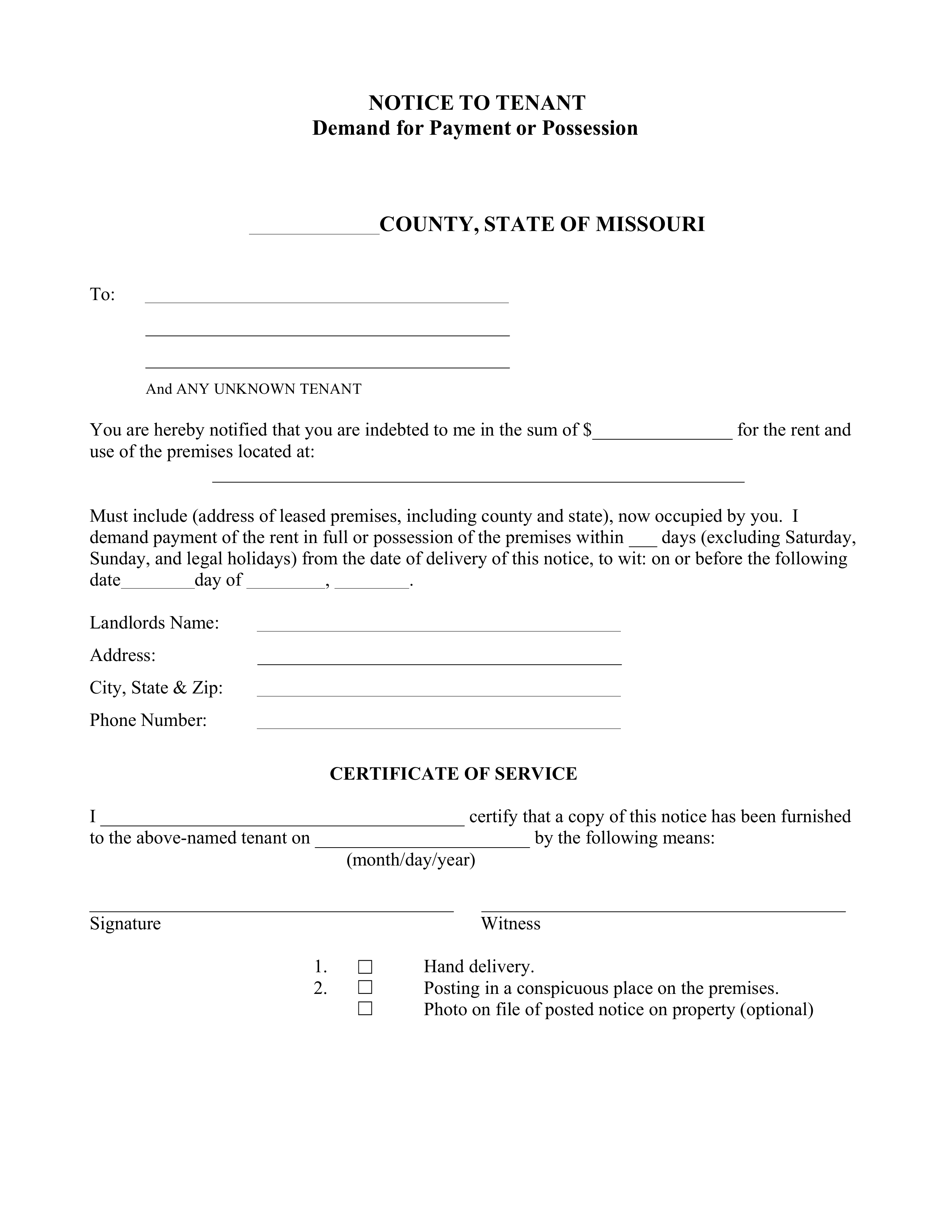 Free Missouri Notice To Quit Form Non Payment Of Rent PDF EForms