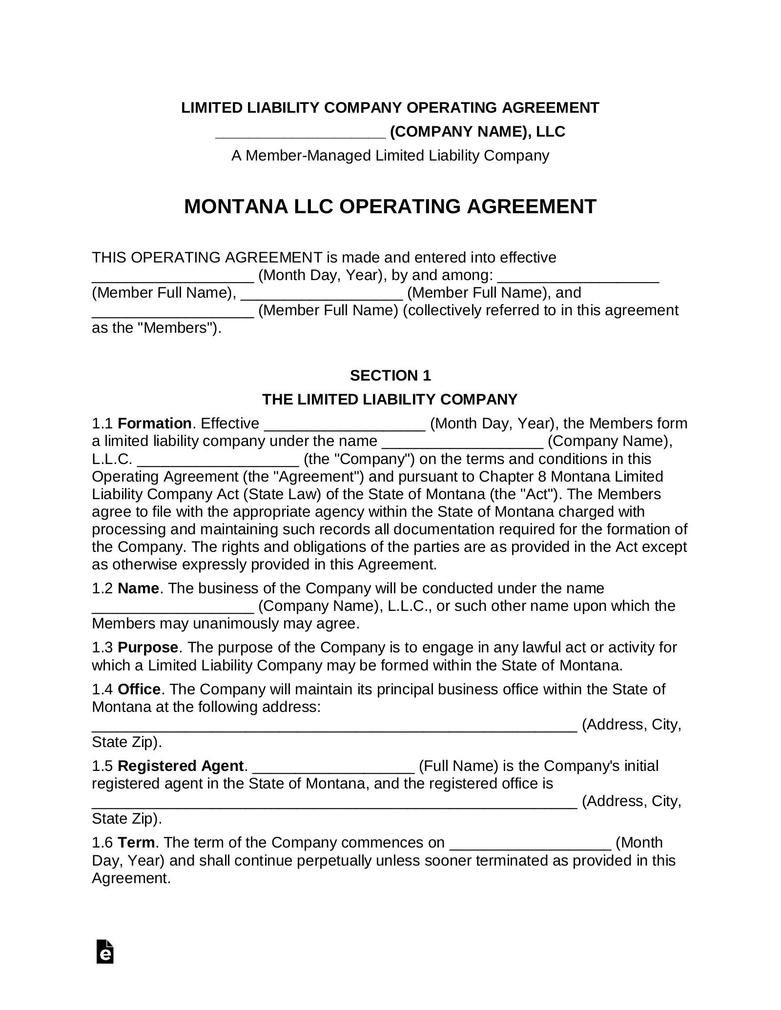 Montana Multi-Member LLC Operating Agreement Form