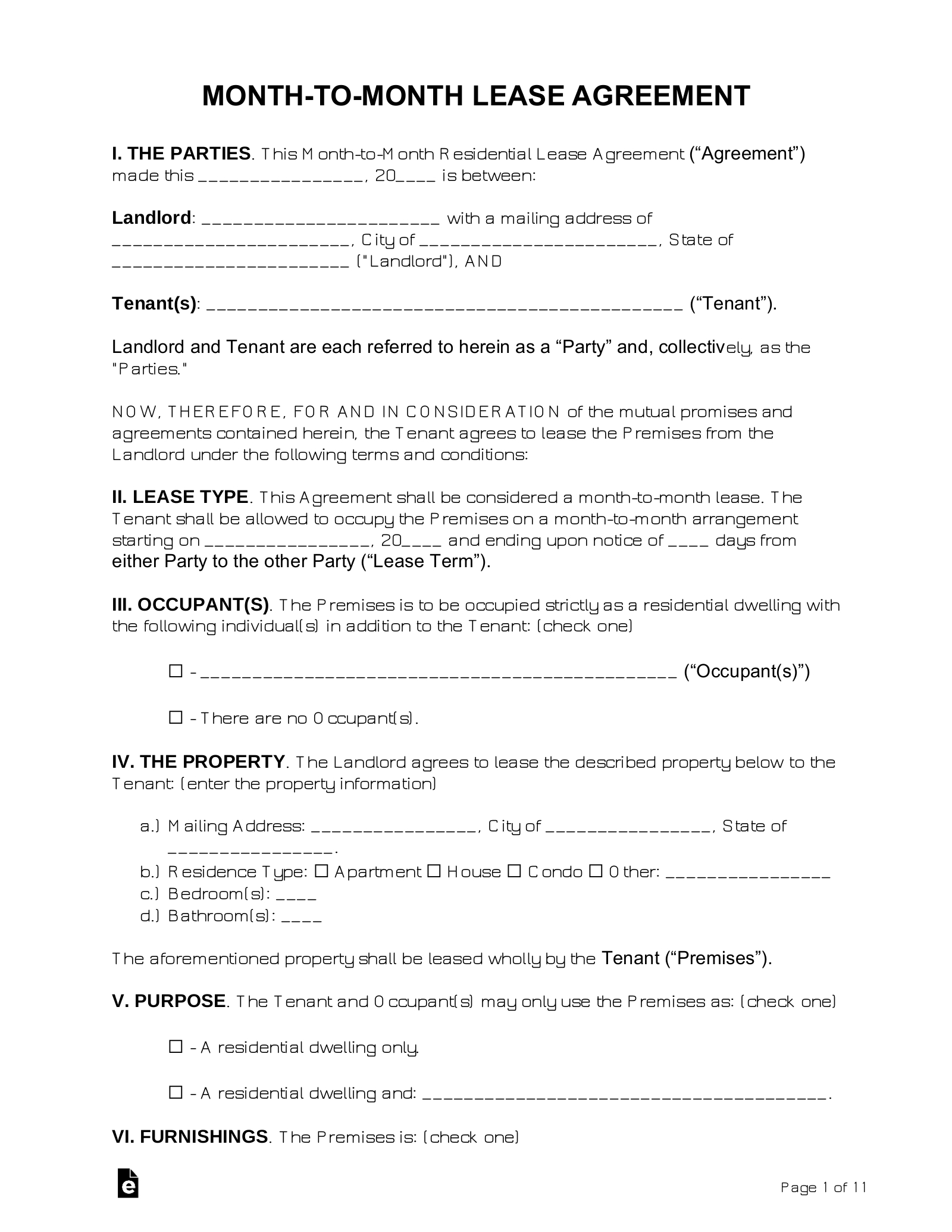 Month to Month Rental Agreement EForms