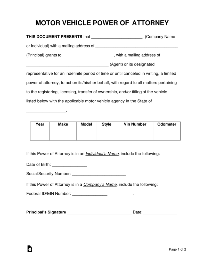 Free Motor Vehicle Power Of Attorney Forms PDF Word EForms
