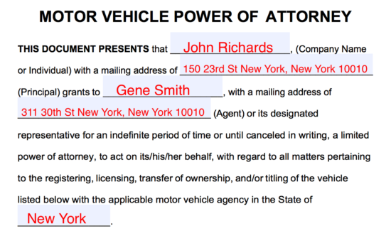 power of attorney for vehicle transactions texas