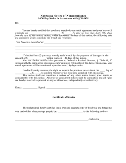 Nebraska 14/30 Day Notice to Quit Form | Non-Compliance