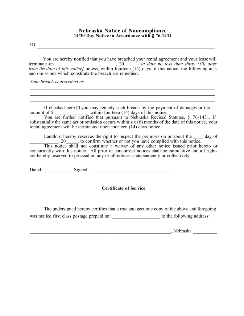 Nebraska 14 30 Day Notice To Quit Form