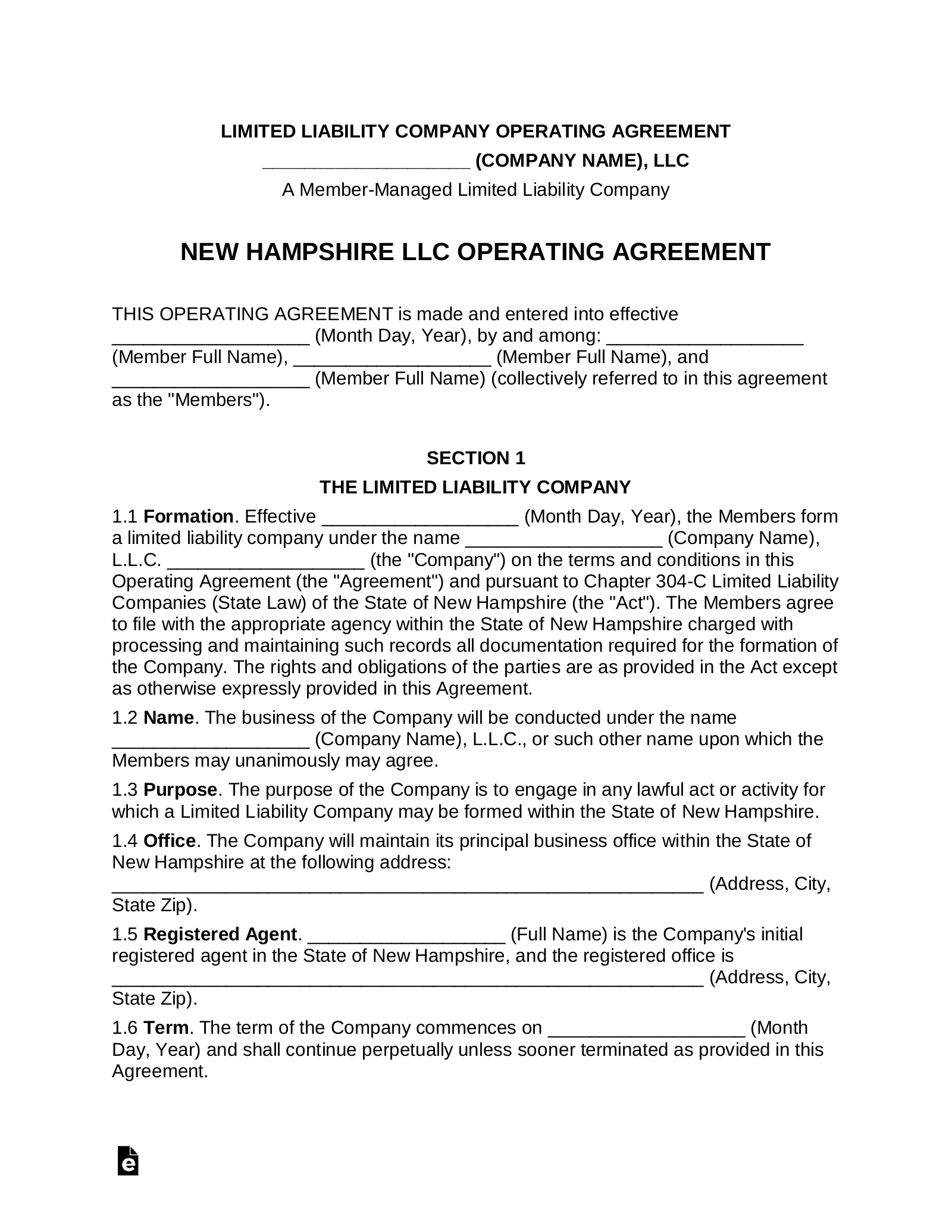 New Hampshire Multi-Member LLC Operating Agreement Form