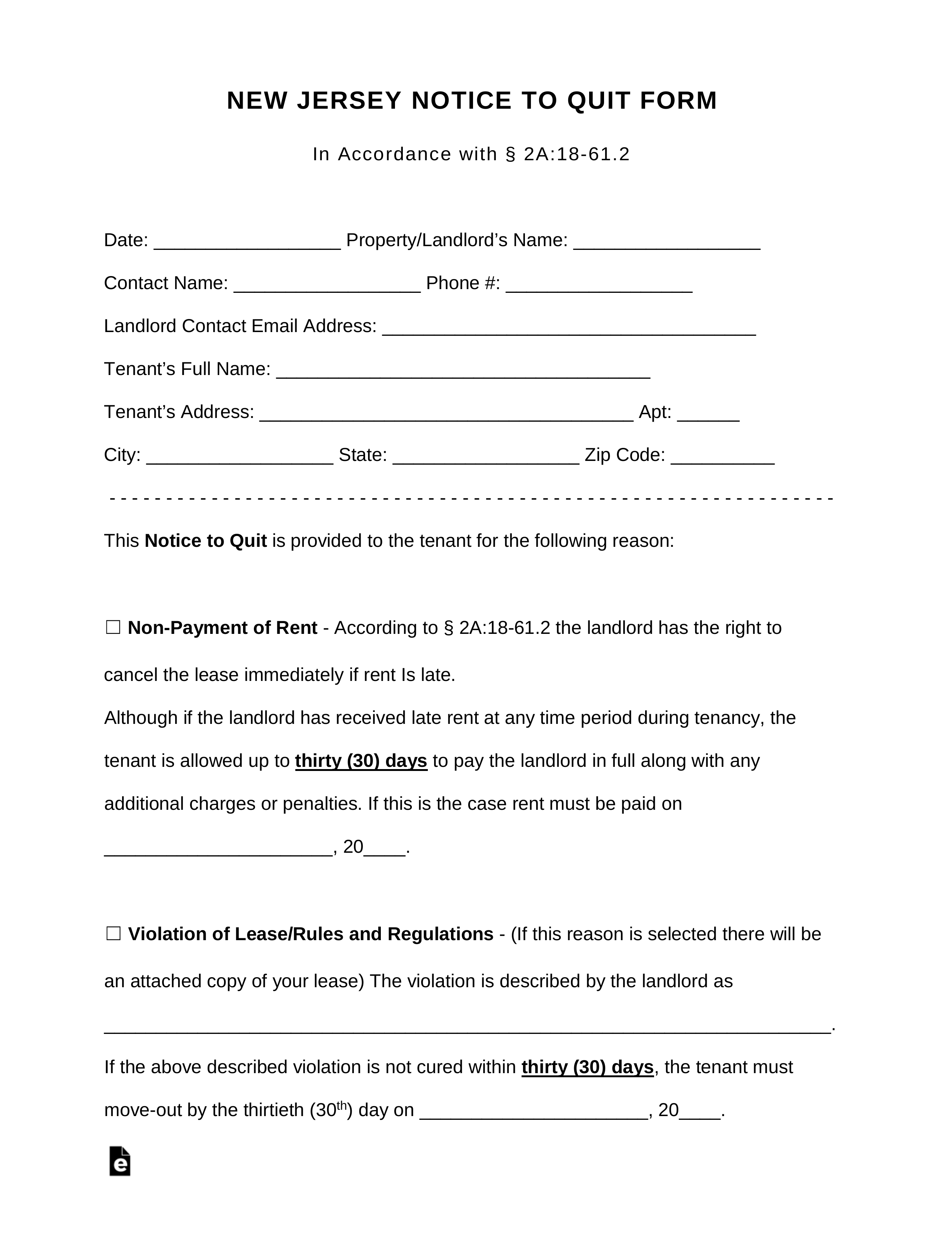 New Jersey Notice to Quit Form | For All Violation Types