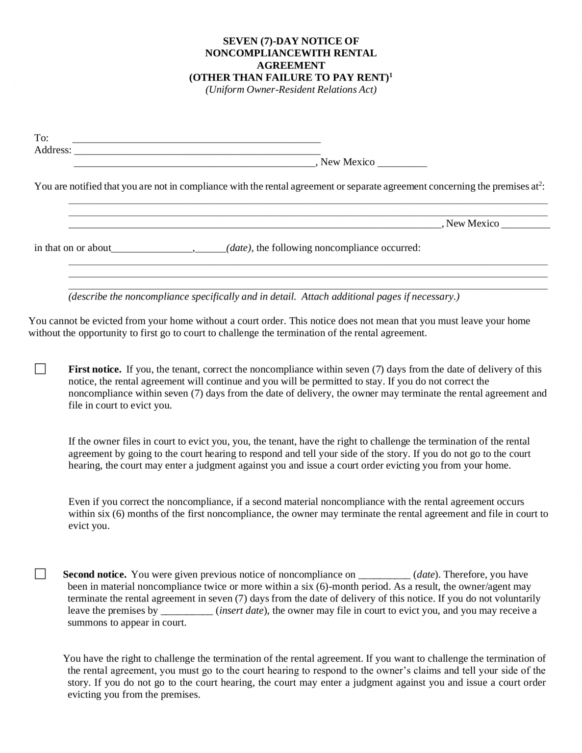 Free New Mexico 7-Day Notice to Quit Form | Non-Compliance - PDF – eForms