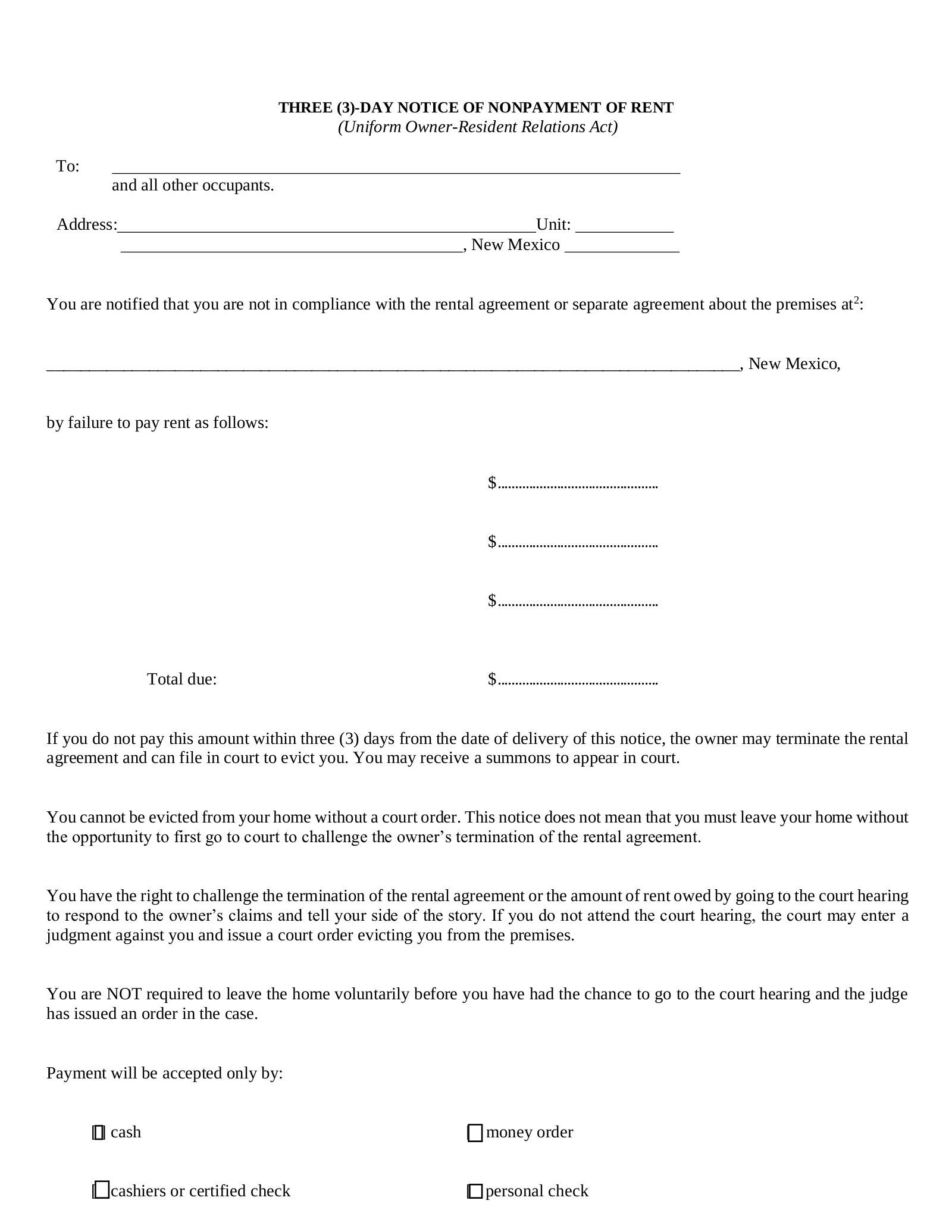 New Mexico 3-Day Notice to Quit Form | Non-Payment of Rent