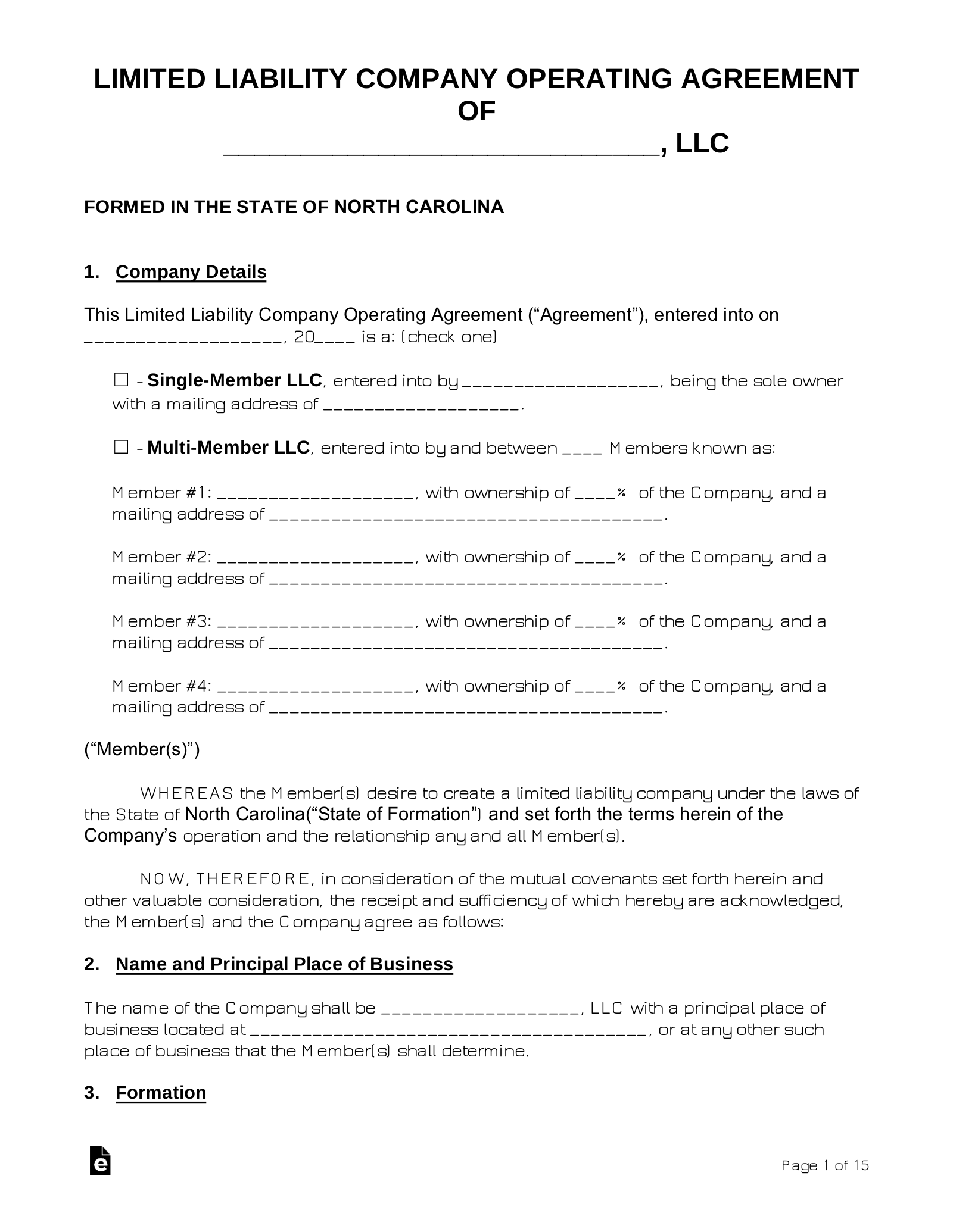 Free North Carolina LLC Operating Agreements 2 PDF Word EForms