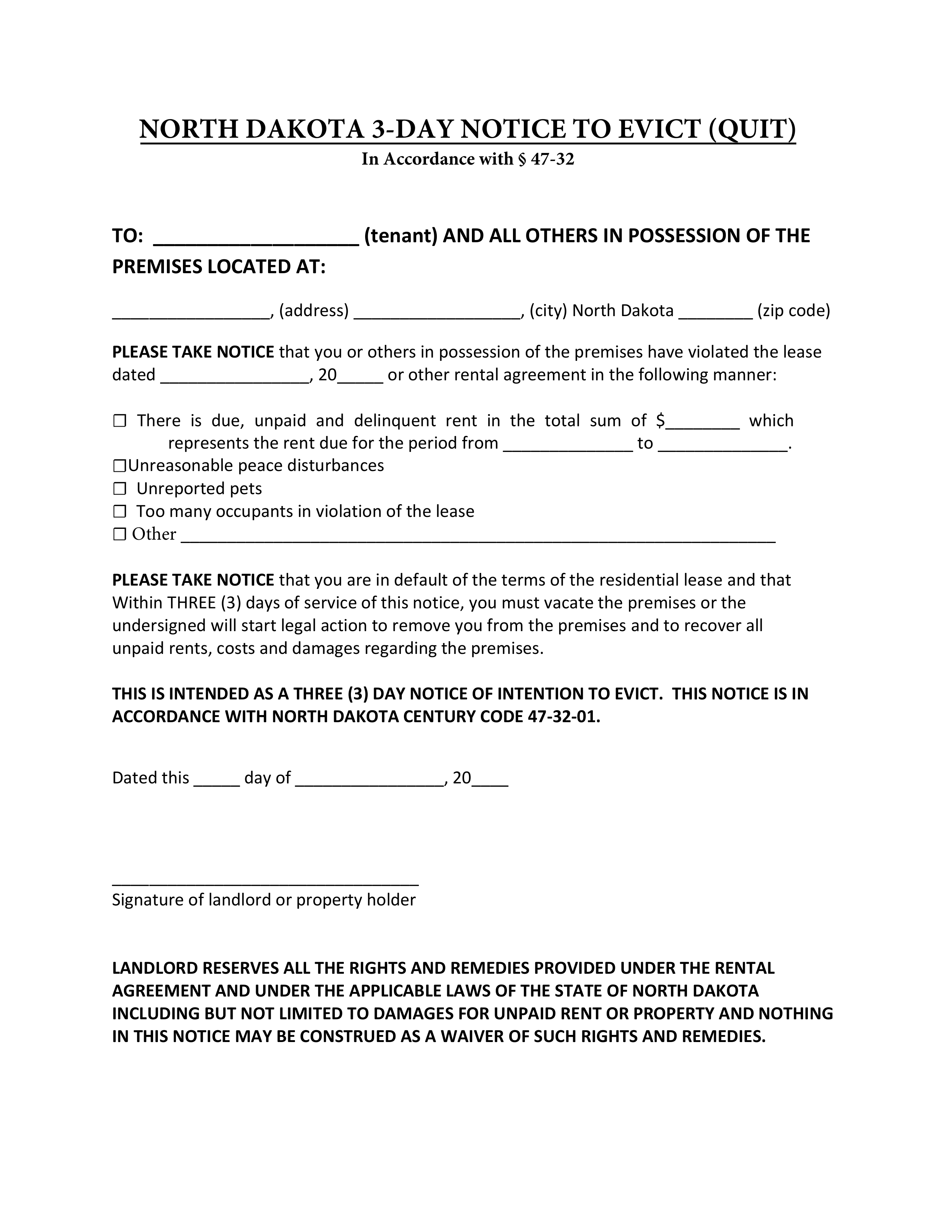 North Dakota 3-Day Notice to Quit (Evict) | Non-Payment or Violation