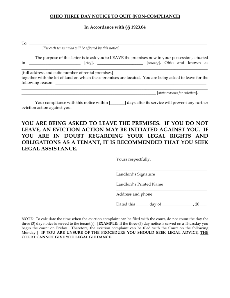 Ohio 3 Day Notice To Quit Form Non Compliance EForms