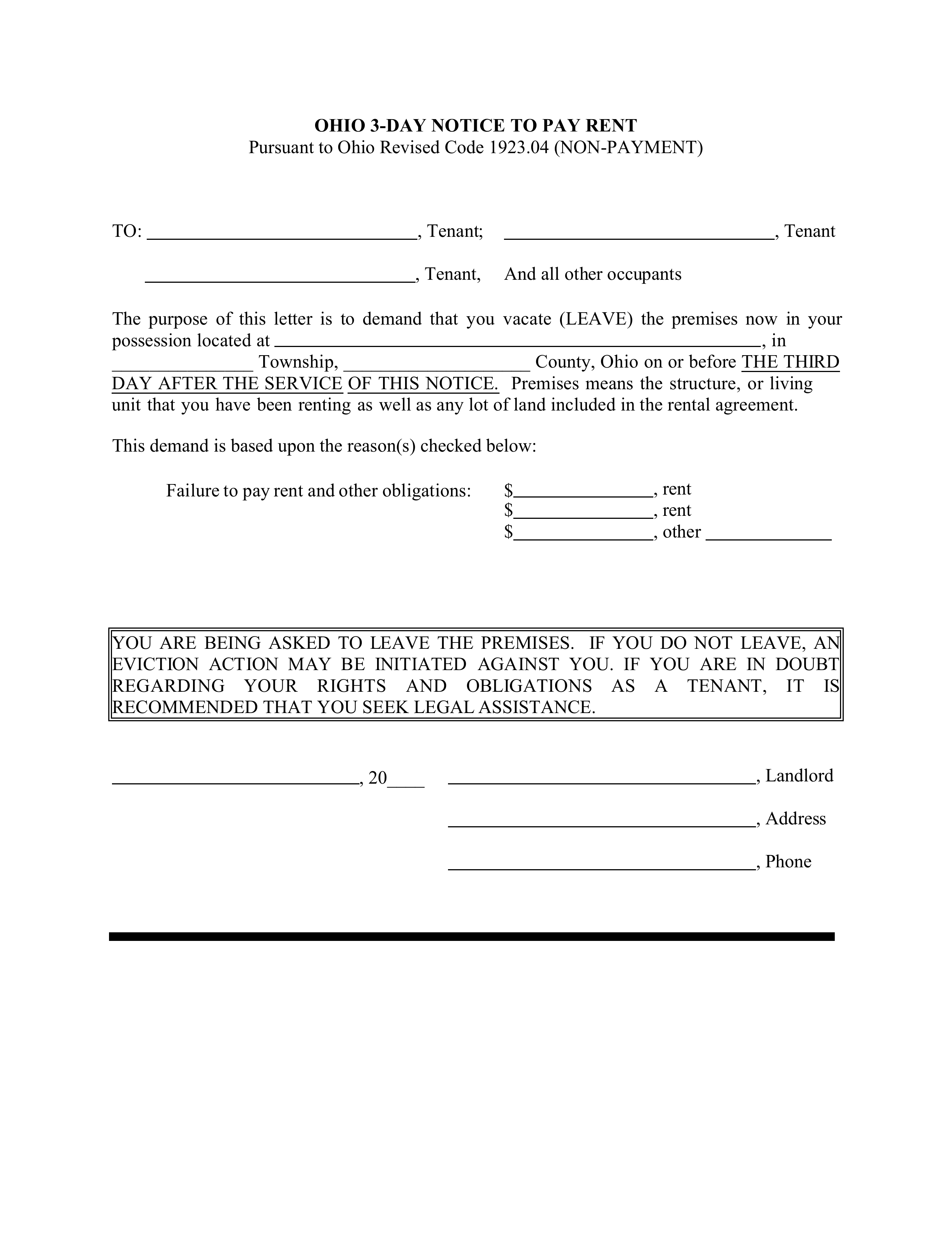 Ohio 3-Day Notice to Quit Form | Non-Payment