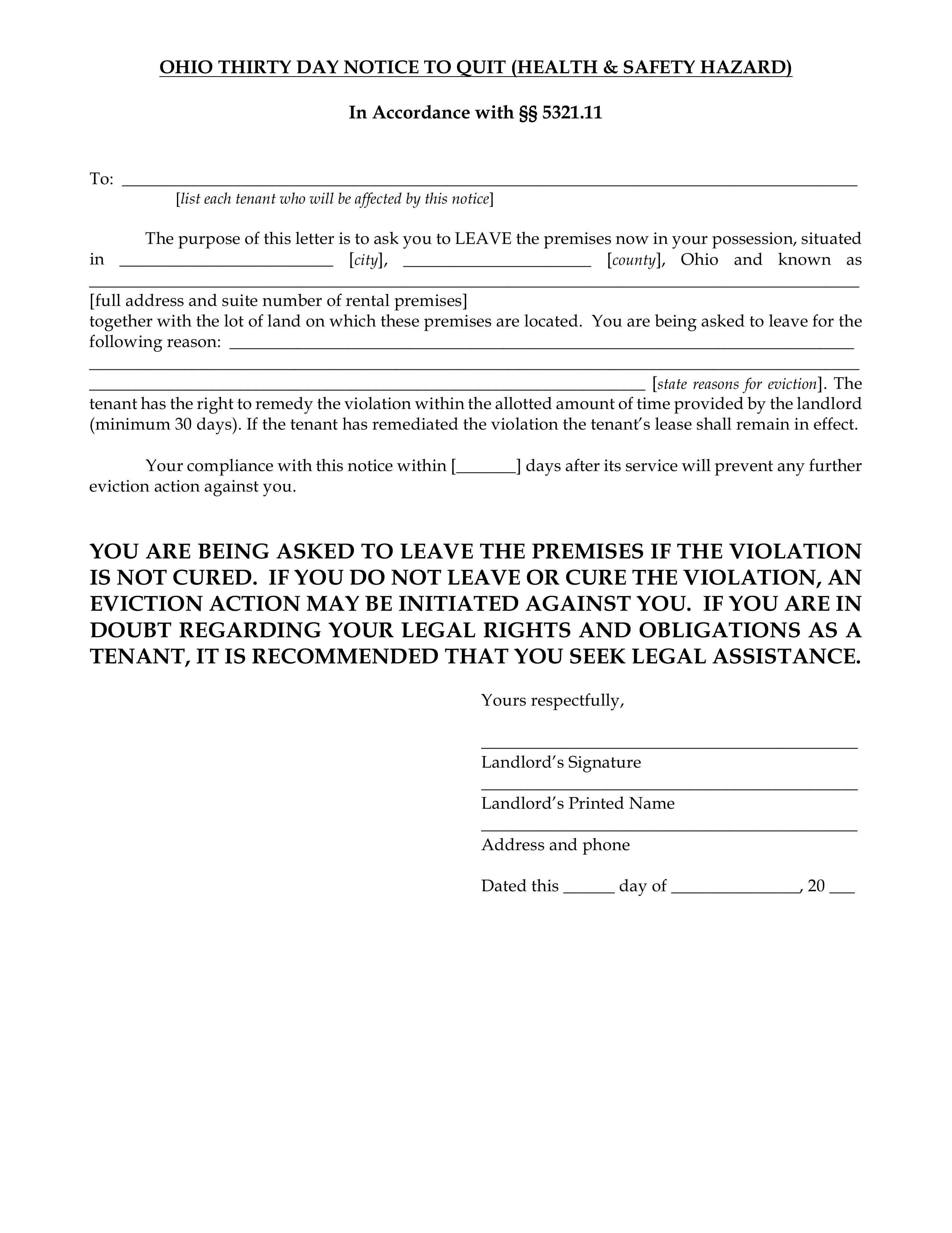 Free Ohio 30 Day Notice To Quit Form Health Safety Hazard PDF 