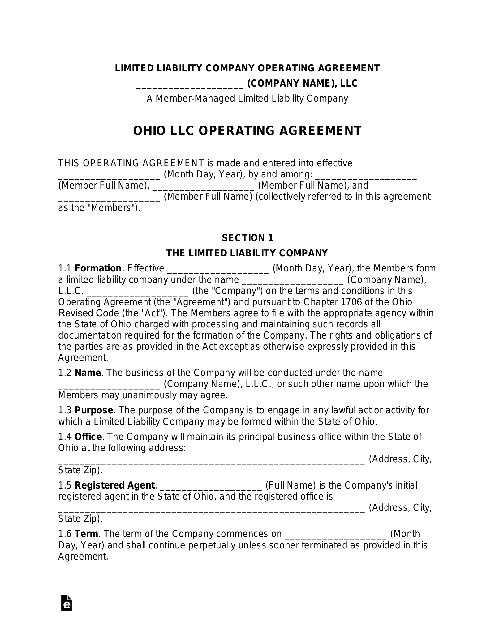 Ohio Multi-Member LLC Operating Agreement Form