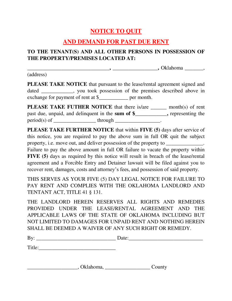 Oklahoma 5 Day Notice To Quit Form Non Payment Of Rent Eforms