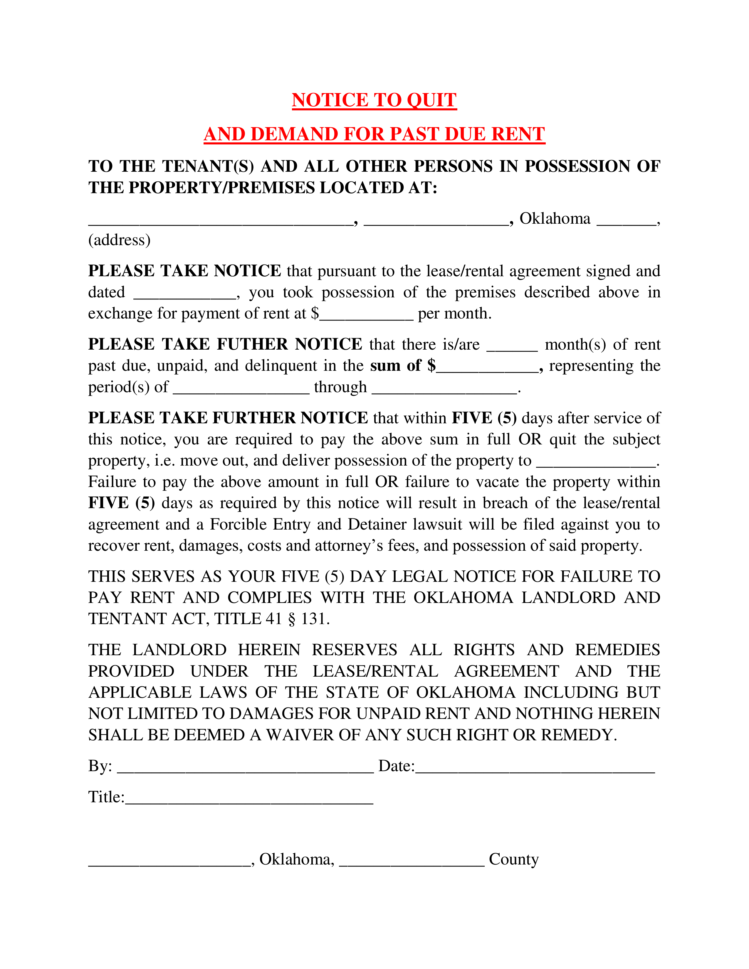 Oklahoma 5-Day Notice to Quit Form | Non-Payment of Rent