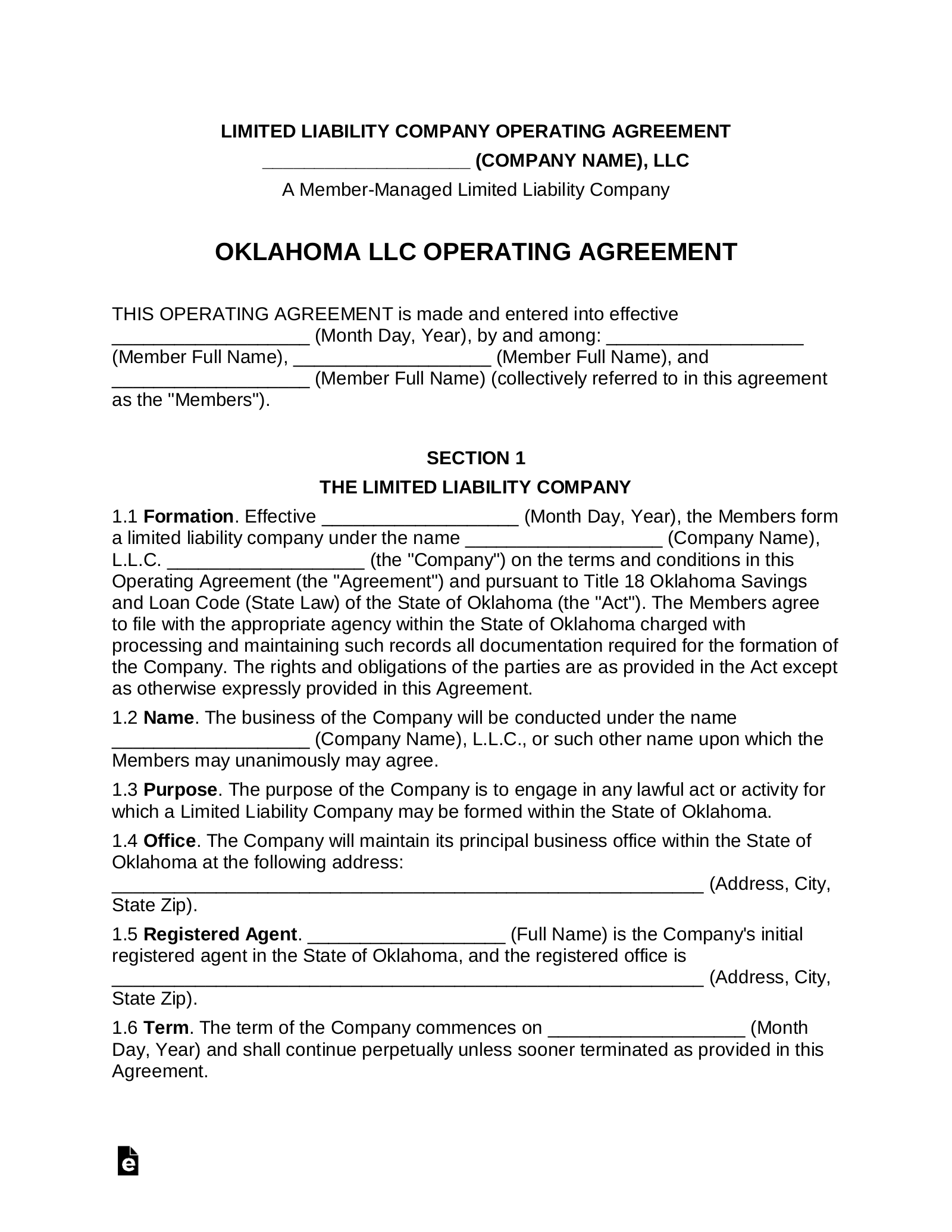 Oklahoma Multi-Member LLC Operating Agreement Form
