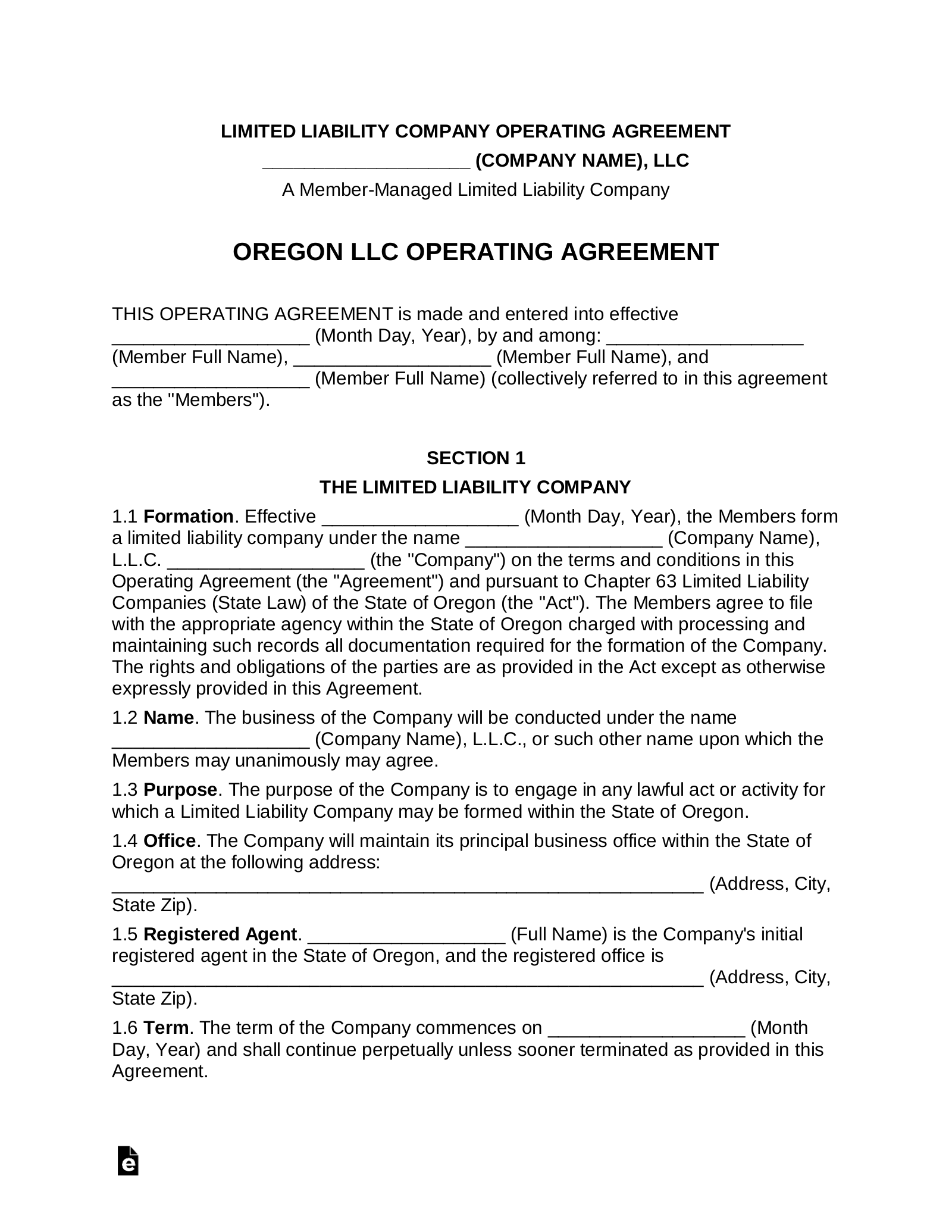Oregon Multi-Member LLC Operating Agreement Form