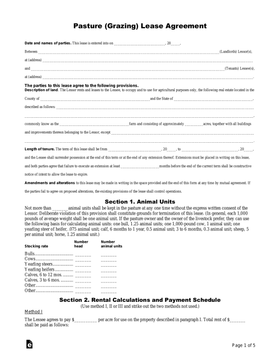 Free Pasture Grazing Rental Lease Agreement Template PDF Word EForms