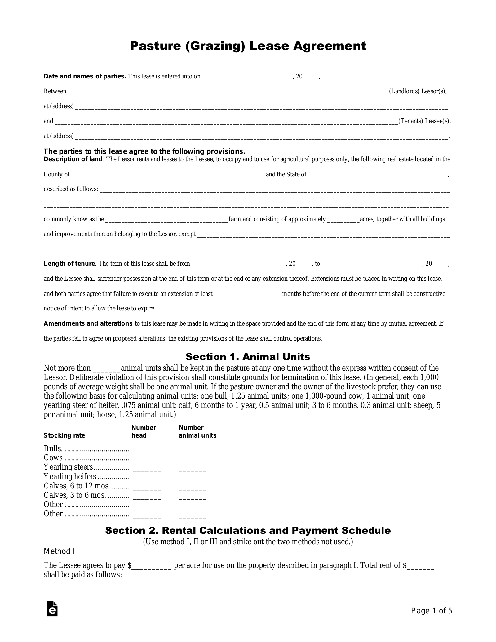 Pasture (Grazing) Rental Lease Agreement Template