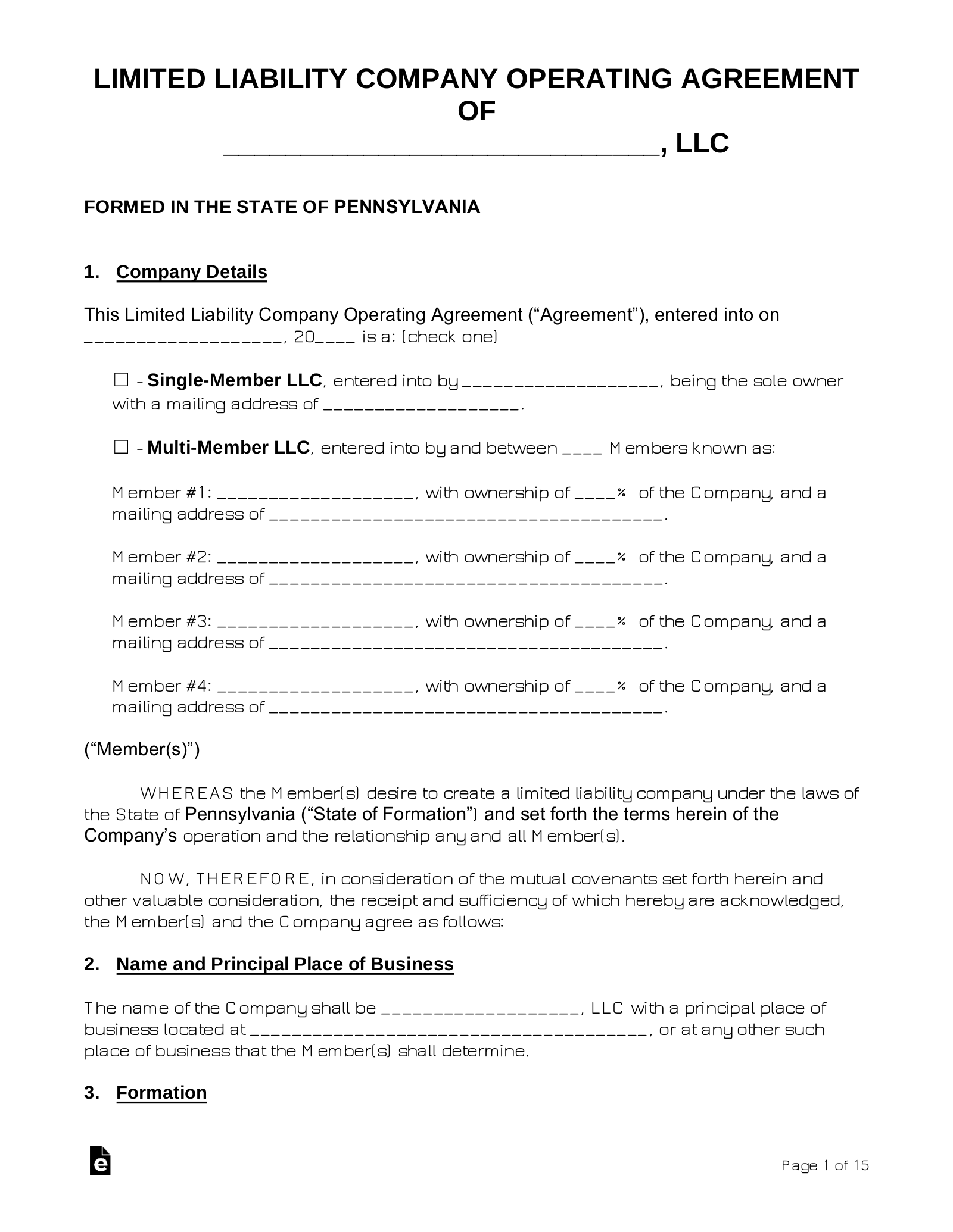 Free Pennsylvania LLC Operating Agreements 2 PDF Word EForms