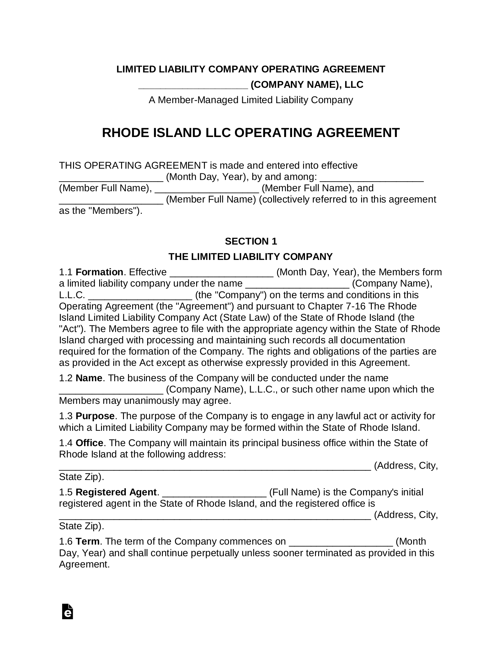 Rhode Island Multi-Member LLC Operating Agreement Form