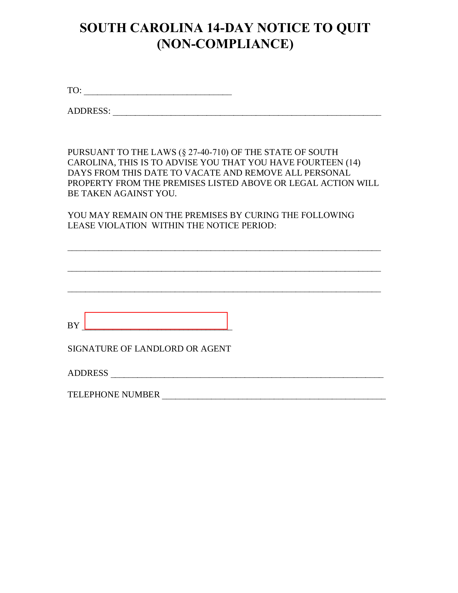 Free South Carolina 14-Day Notice to Quit Form | Non-Compliance - PDF – eForms