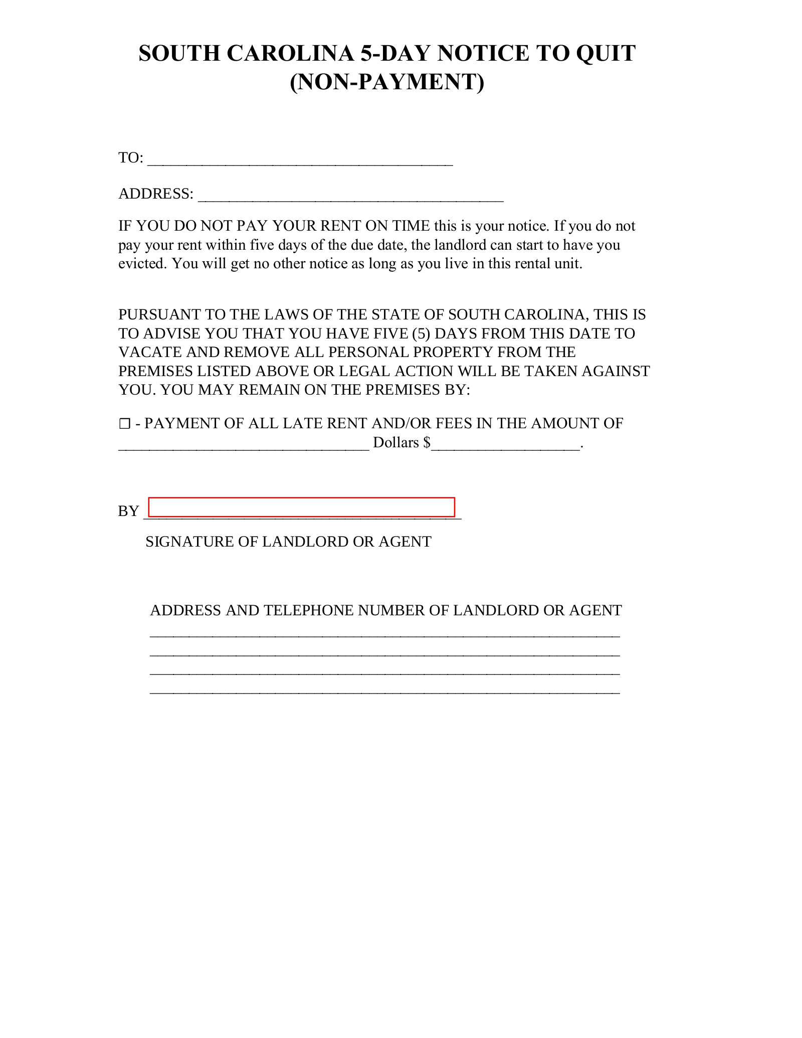 Free South Carolina 5 Day Notice To Quit Form Non Payment PDF EForms