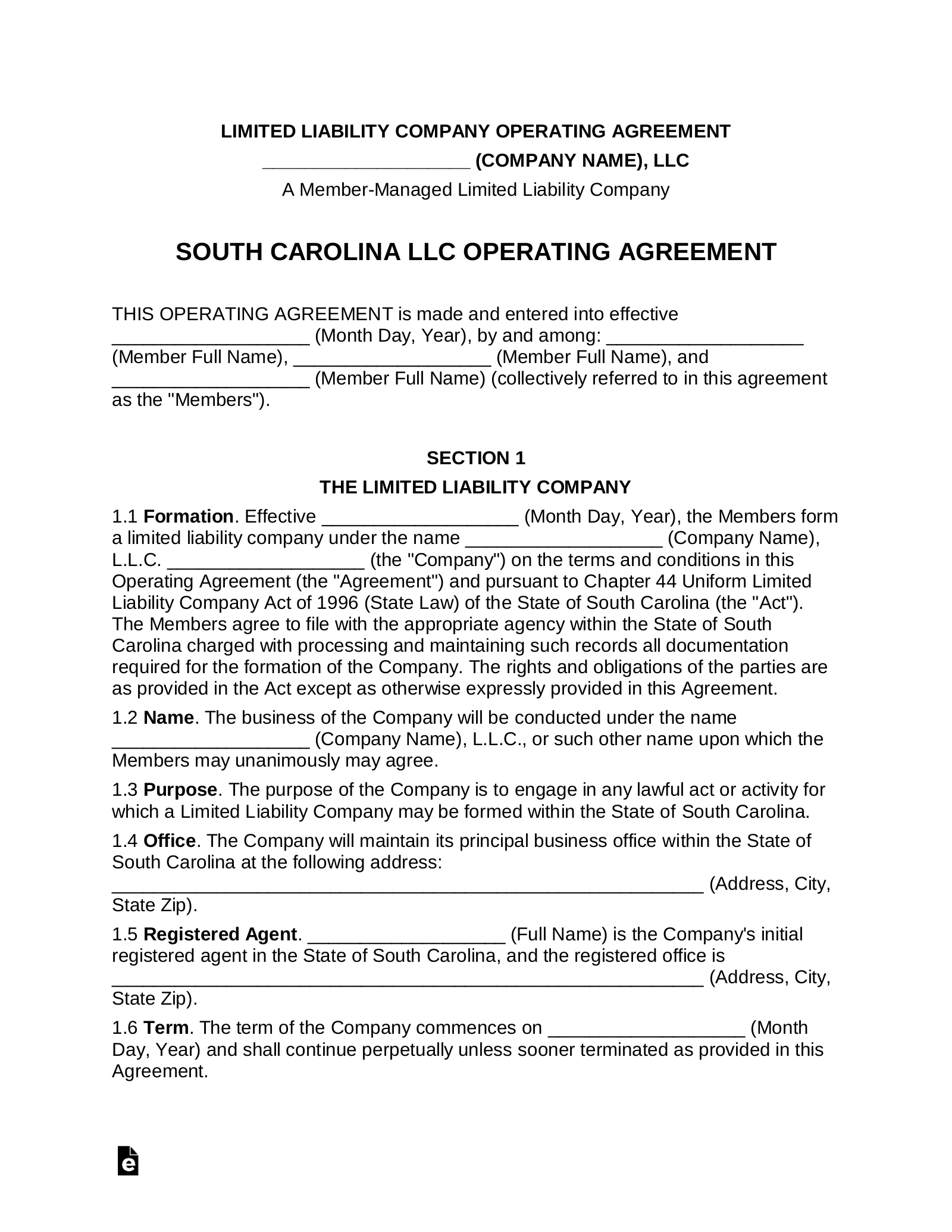 South Carolina Multi-Member LLC Operating Agreement Form